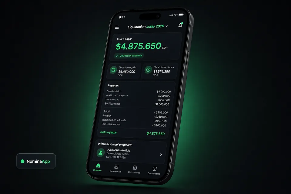 App Nominapp mostrando liquidación de nómina personal en Colombia